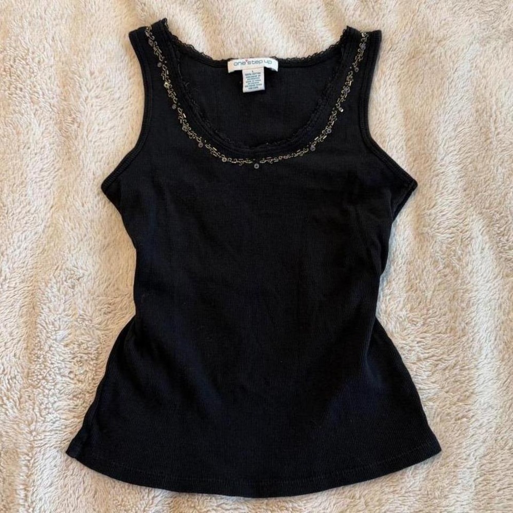 One Step Up Black Ribbed Cotton Tank Top Beaded Lace Trim Y2K Size Large